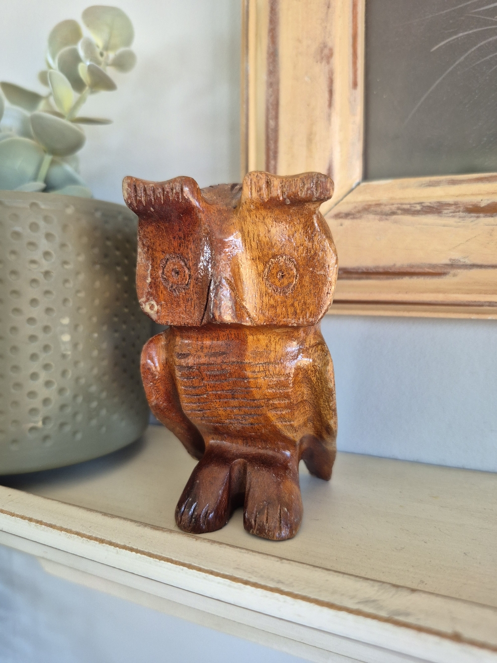 Vintage Hand-Carved Wooden Owl Figurine Rustic Cottagecore